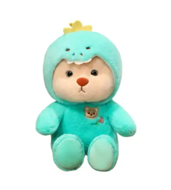 bear in a soft turquoise dinosaur onesie